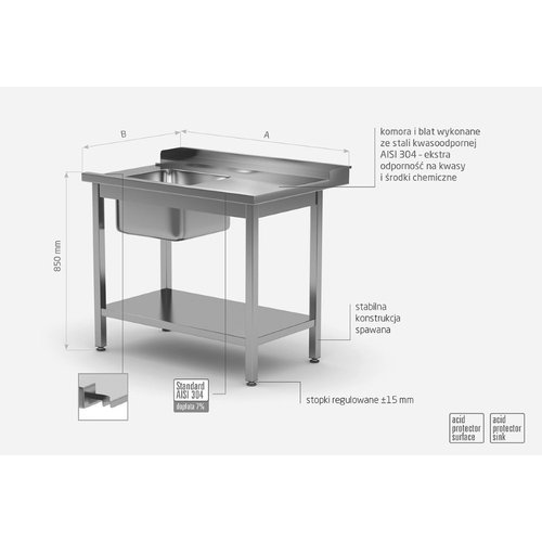 Stół załadowczy ze stali nierdzewnej do zmywarek ze zlewem i półką - prawy | 1100x700x(h)850 mm