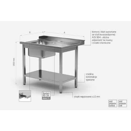 Stół załadowczy ze stali nierdzewnej do zmywarek ze zlewem i półką - prawy | 1400x700x(h)850 mm