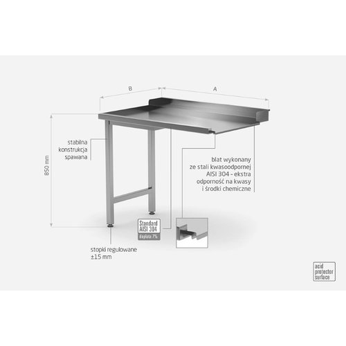 INOXI Stół wyładowczy ze stali nierdzewnej do zmywarek na dwóch nogach - lewy | 600x700x(h)850 mm