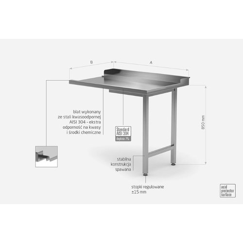 Stół wyładowczy ze stali nierdzewnej do zmywarek na dwóch nogach - prawy | 1100x760x(h)850 mm