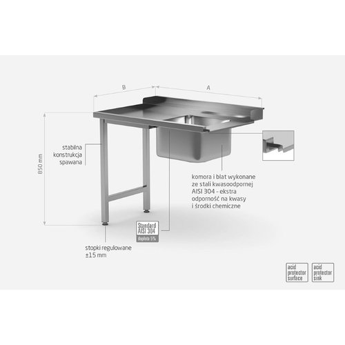 INOXI Stół załadowczy ze stali nierdzewnej do zmywarek ze zlewem na dwóch nogach - lewy | 600x700x(h)850 mm