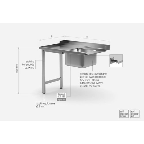 Stół załadowczy ze stali nierdzewnej do zmywarek ze zlewem na dwóch nogach - lewy | 800x700x(h)850 mm