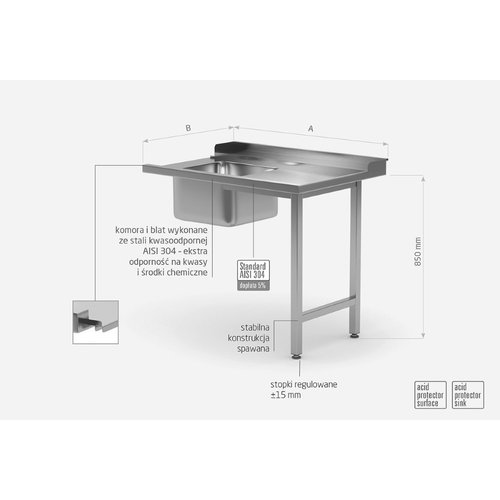 INOXI Stół załadowczy ze stali nierdzewnej do zmywarek ze zlewem na dwóch nogach - prawy | 800x700x(h)850 mm