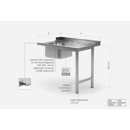 Stół załadowczy ze stali nierdzewnej do zmywarek ze zlewem na dwóch nogach - prawy | 1300x700x(h)850 mm