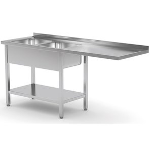 Stół ze stali nierdzewnej z dwoma zlewami, półką i miejscem na zmywarkę lub lodówkę - komory po lewej stronie | 1800x600x(h)850 mm