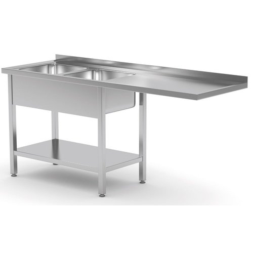 Stół ze stali nierdzewnej z dwoma zlewami, półką i miejscem na zmywarkę lub lodówkę - komory po lewej stronie | 1900x700x(h)850 mm
