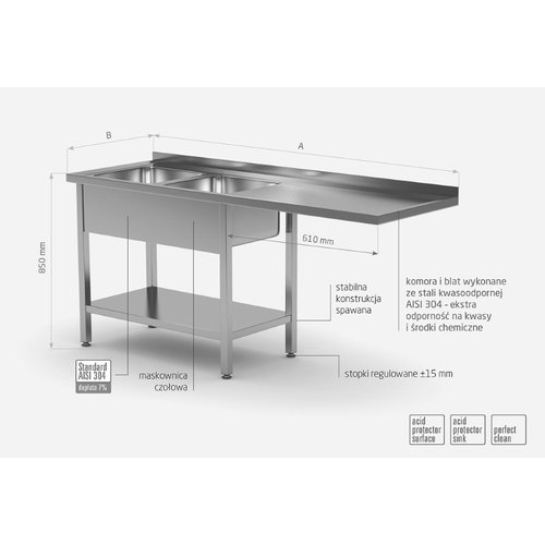 Stół ze stali nierdzewnej z dwoma zlewami, półką i miejscem na zmywarkę lub lodówkę - komory po lewej stronie | 2200x600x(h)850 mm