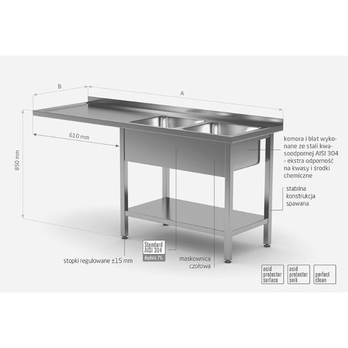 Stół ze stali nierdzewnej z dwoma zlewami, półką i miejscem na zmywarkę lub lodówkę - komory po prawej stronie | 1700x600x(h)850 mm