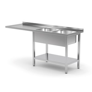 Stół ze stali nierdzewnej z dwoma zlewami, półką i miejscem na zmywarkę lub lodówkę - komory po prawej stronie | 1800x600x(h)850 mm