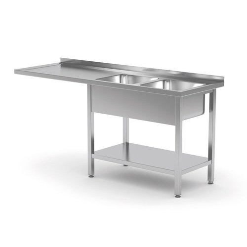 Stół ze stali nierdzewnej z dwoma zlewami, półką i miejscem na zmywarkę lub lodówkę - komory po prawej stronie | 2200x600x(h)850 mm