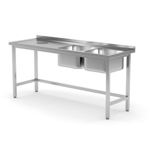 INOXI Stół ze stali nierdzewnej z dwoma zlewami i otworem na odpadki - komory po prawej stronie | 1600x700x(h)850 mm