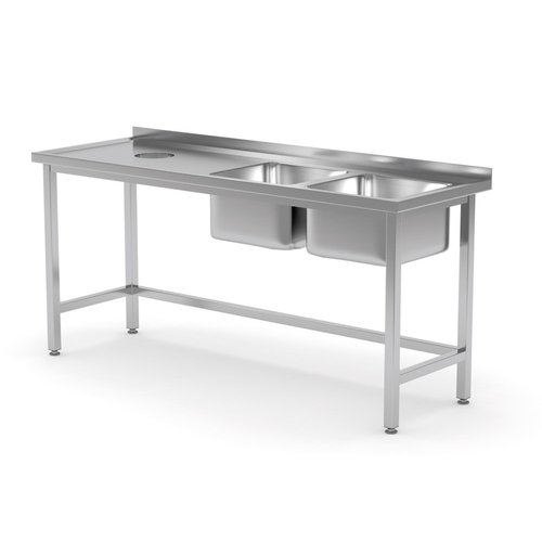 INOXI Stół ze stali nierdzewnej z dwoma zlewami i otworem na odpadki - komory po prawej stronie | 1600x700x(h)850 mm