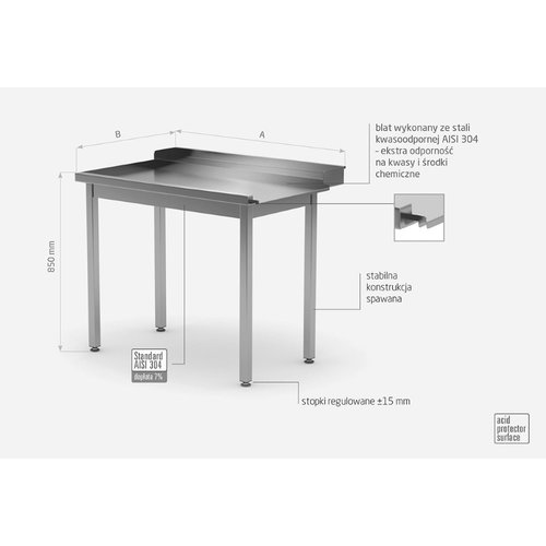 Stół wyładowczy ze stali nierdzewnej do zmywarek bez półki - lewy | 1200x760x(h)850 mm