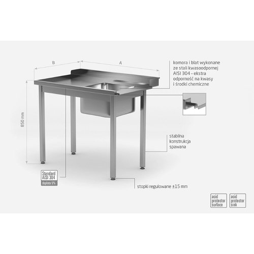 INOXI Stół załadowczy ze stali nierdzewnej do zmywarek ze zlewem bez półki - lewy | 800x700x(h)850 mm