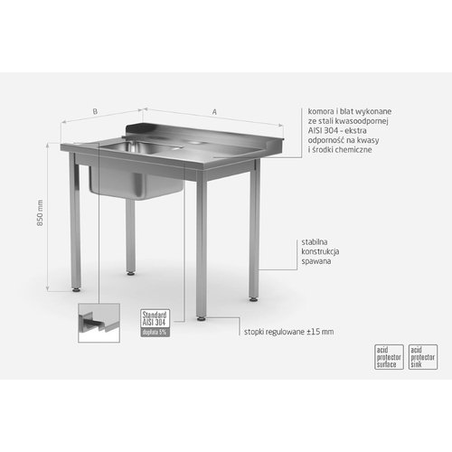 Stół załadowczy ze stali nierdzewnej do zmywarek ze zlewem bez półki - prawy | 800x700x(h)850 mm