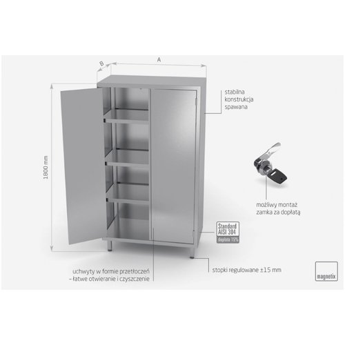 INOXI Szafa magazynowa ze stali nierdzewnej z drzwiami na zawiasach | 800x500x(h)2000 mm