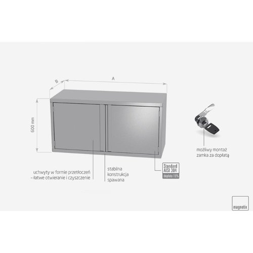 Szafka wisząca ze stali nierdzewnej z drzwiami na zawiasach, dwoje drzwi | 1000x400x(h)600 mm