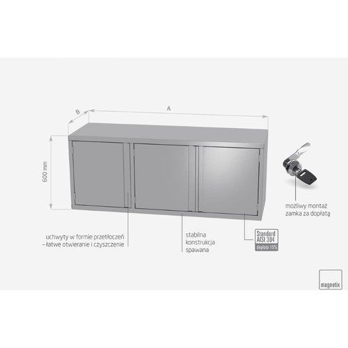 Szafka wisząca ze stali nierdzewnej z drzwiami na zawiasach, troje drzwi | 1400x300x(h)600 mm