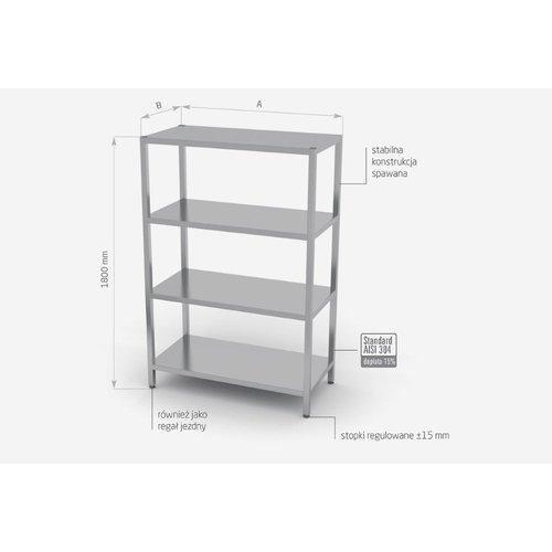 INOXI Regał magazynowy ze stali nierdzewnej, 4 półki pełne | 1000x500x(h)1800 mm