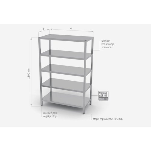 INOXI Regał magazynowy ze stali nierdzewnej, 5 półek pełnych | 600x500x(h)1800 mm