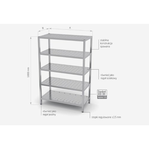 INOXI Regał magazynowy ze stali nierdzewnej, 5 półek perforowanych | 700x500x(h)1800 mm