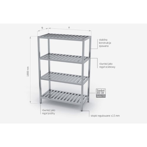 INOXI Regał magazynowy ze stali nierdzewnej, 4 półki gretingowe | 900x600x(h)1800 mm