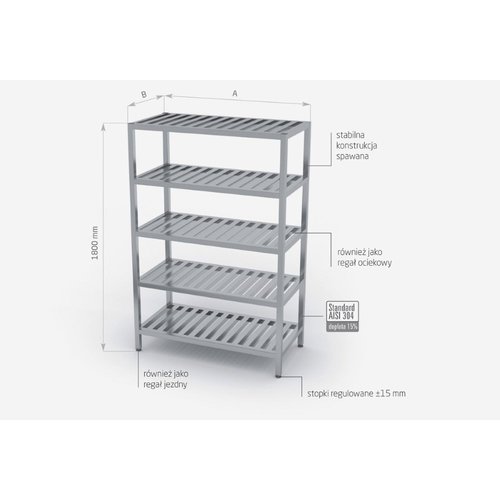 INOXI Regał magazynowy ze stali nierdzewnej, 5 półek gretingowych | 700x400x(h)1800 mm