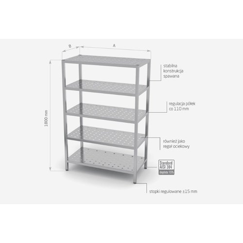 INOXI Regał magazynowy ze stali nierdzewnej ze stali nierdzewnej z półkami przestawnymi, 5 półek perforowanych | 700x500x(h)1800 mm