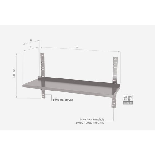 INOXI Półka wisząca ze stali nierdzewnej przestawna pojedyncza z dwiema konsolami | 600x300x(h)600 mm