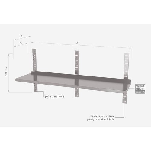 INOXI Półka wisząca ze stali nierdzewnej przestawna pojedyncza z trzema konsolami | 1900x400x(h)600 mm