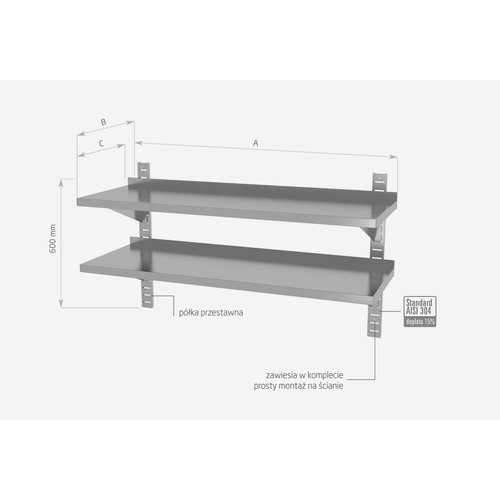 INOXI Półka wisząca ze stali nierdzewnej przestawna, podwójna z dwiema konsolami | 1300x300x(h)600 mm