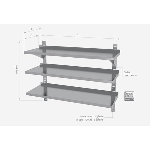 Półka wisząca ze stali nierdzewnej przestawna, potrójna z dwiema konsolami | 1000x300x(h)875 mm