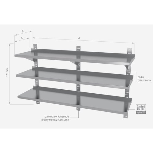 INOXI Półka wisząca ze stali nierdzewnej przestawna, potrójna z trzema konsolami | 1700x400x(h)875 mm