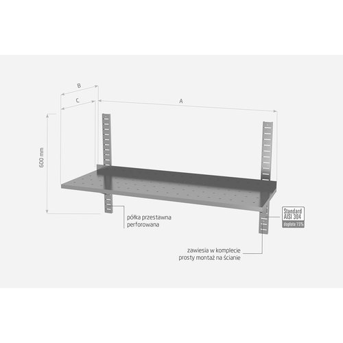 INOXI Półka wisząca ze stali nierdzewnej przestawna pojedyncza, perforowana z dwiema konsolami | 1300x300x(h)600 mm