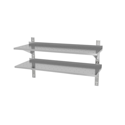INOXI Półka wisząca ze stali nierdzewnej przestawna podwójna, perforowana z dwiema konsolami | 800x300x(h)600 mm