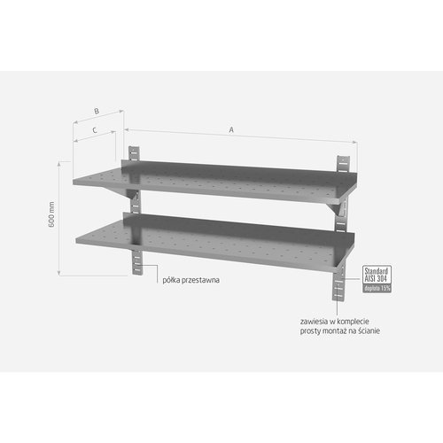 INOXI Półka wisząca ze stali nierdzewnej przestawna podwójna, perforowana z dwiema konsolami | 800x300x(h)600 mm