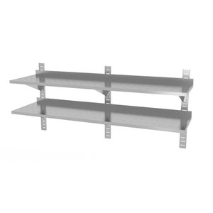 INOXI Półka wisząca ze stali nierdzewnej przestawna podwójna, perforowana z trzema konsolami | 1600x300x(h)600 mm