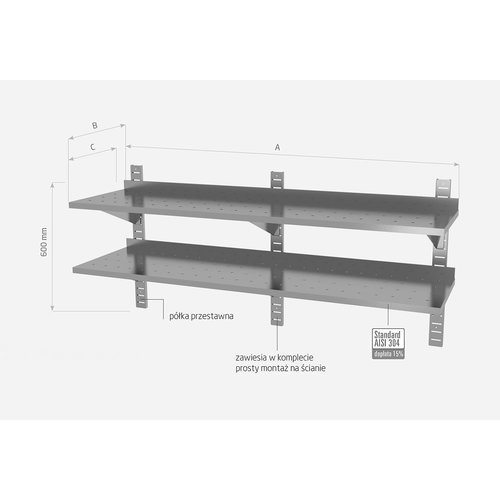 INOXI Półka wisząca ze stali nierdzewnej przestawna podwójna, perforowana z trzema konsolami | 1700x300x(h)600 mm