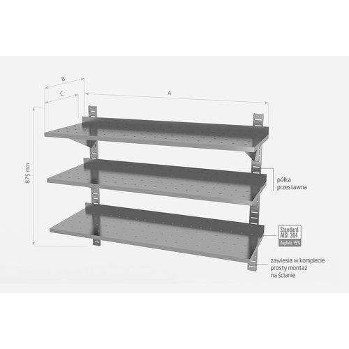 Półka wisząca ze stali nierdzewnej przestawna potrójna, perforowana z dwiema konsolami | 600x400x(h)875 mm