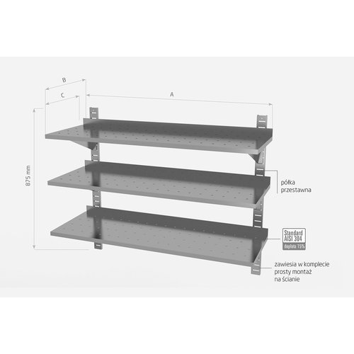 INOXI Półka wisząca ze stali nierdzewnej przestawna potrójna, perforowana z dwiema konsolami | 900x400x(h)875 mm