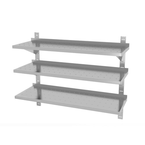 INOXI Półka wisząca ze stali nierdzewnej przestawna potrójna, perforowana z dwiema konsolami | 1100x400x(h)875 mm