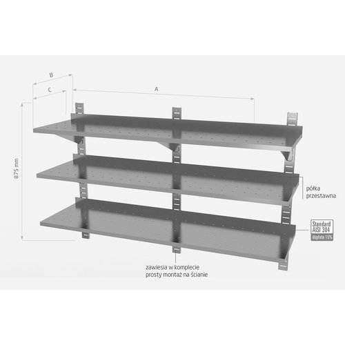 INOXI Półka wisząca ze stali nierdzewnej przestawna potrójna, perforowana z trzema konsolami | 1700x400x(h)875 mm