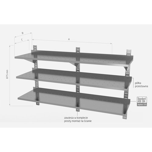 Półka wisząca ze stali nierdzewnej przestawna potrójna, perforowana z trzema konsolami | 1700x400x(h)875 mm