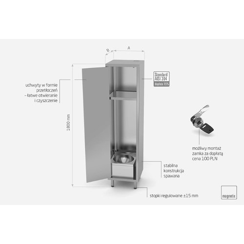 Szafa porządkowa ze stali nierdzewnej z umywalką i drzwiami na zawiasach | 500x500x(h)1800 mm