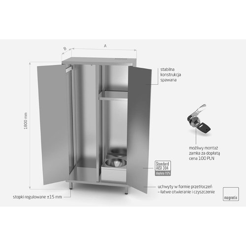 INOXI Szafa porządkowa ze stali nierdzewnej z umywalką i drzwiami na zawiasach | 1000x500x(h)1800 mm