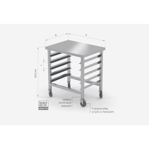 Regał jezdny ze stali nierdzewnej z blatem roboczym na pojemniki GN | 790x580x(h)850 mm