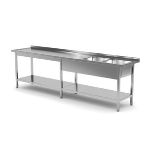 INOXI Stół ze stali nierdzewnej z dwoma zlewami i półką wzmocniony - komory po prawej stronie | 2200x600x(h)850 mm