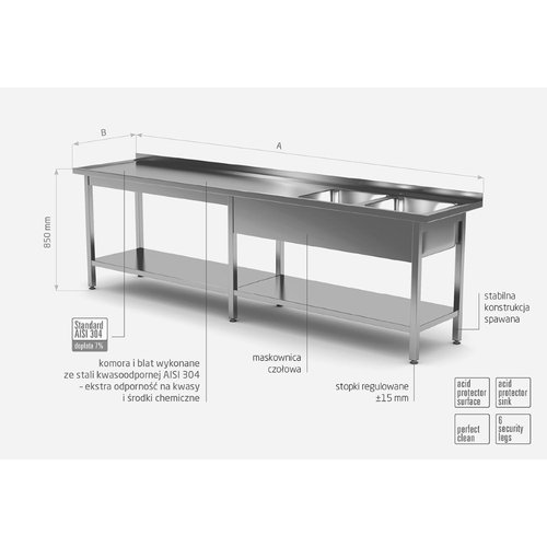 INOXI Stół ze stali nierdzewnej z dwoma zlewami i półką wzmocniony - komory po prawej stronie | 2200x700x(h)850 mm
