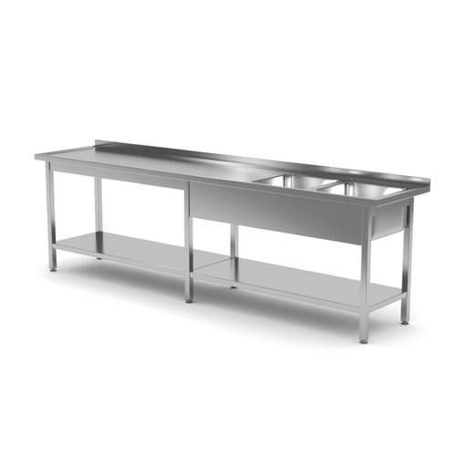 INOXI Stół ze stali nierdzewnej z dwoma zlewami i półką wzmocniony - komory po prawej stronie | 2500x700x(h)850 mm
