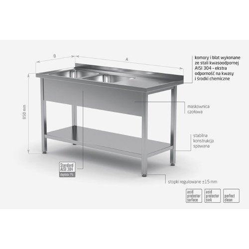 Stół ze stali nierdzewnej z dwoma zlewami i półką - komory po lewej stronie | 1700x600x(h)850 mm